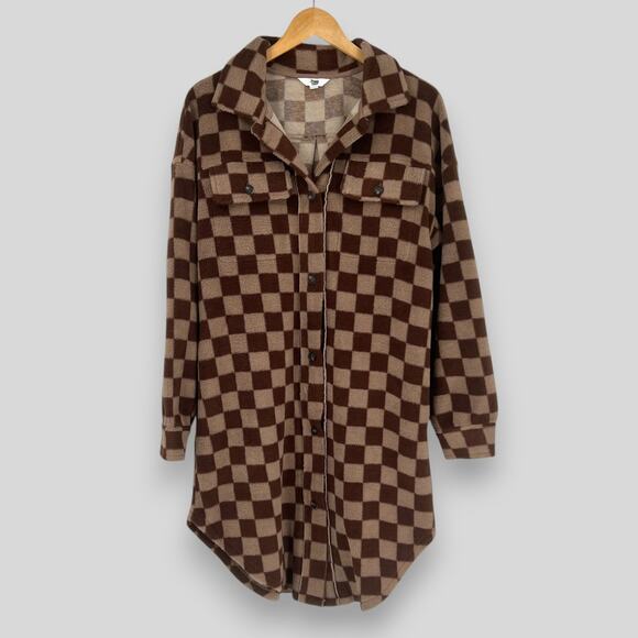 Ascot + Hart Brown Checkered Teddy Fleece Shacket Size Small - Picture 1 of 6